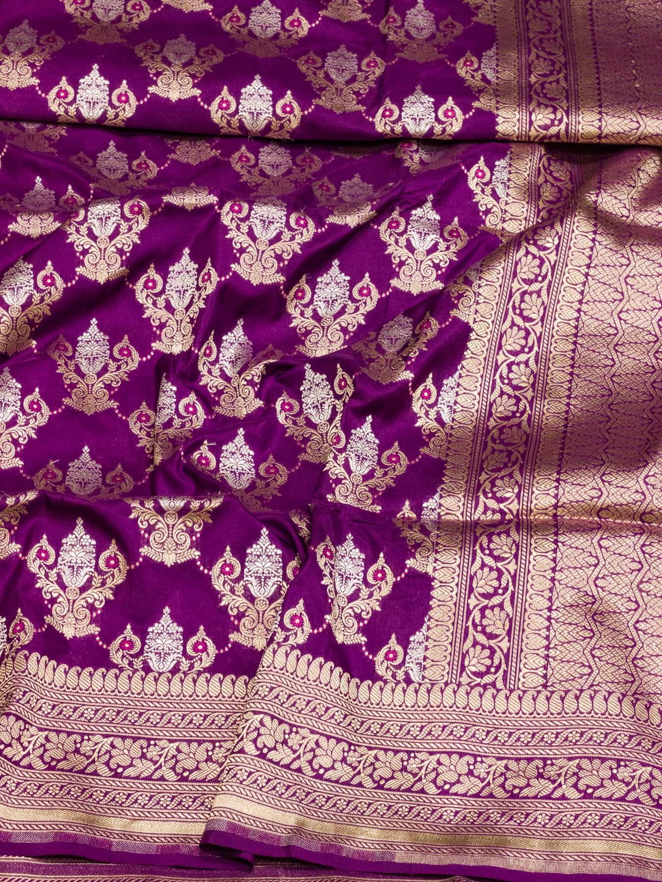 Bright Magenta Pure Katan Silk Saree Khaddi With Gold & Silver Zari Tilfi Meenakari Jaal