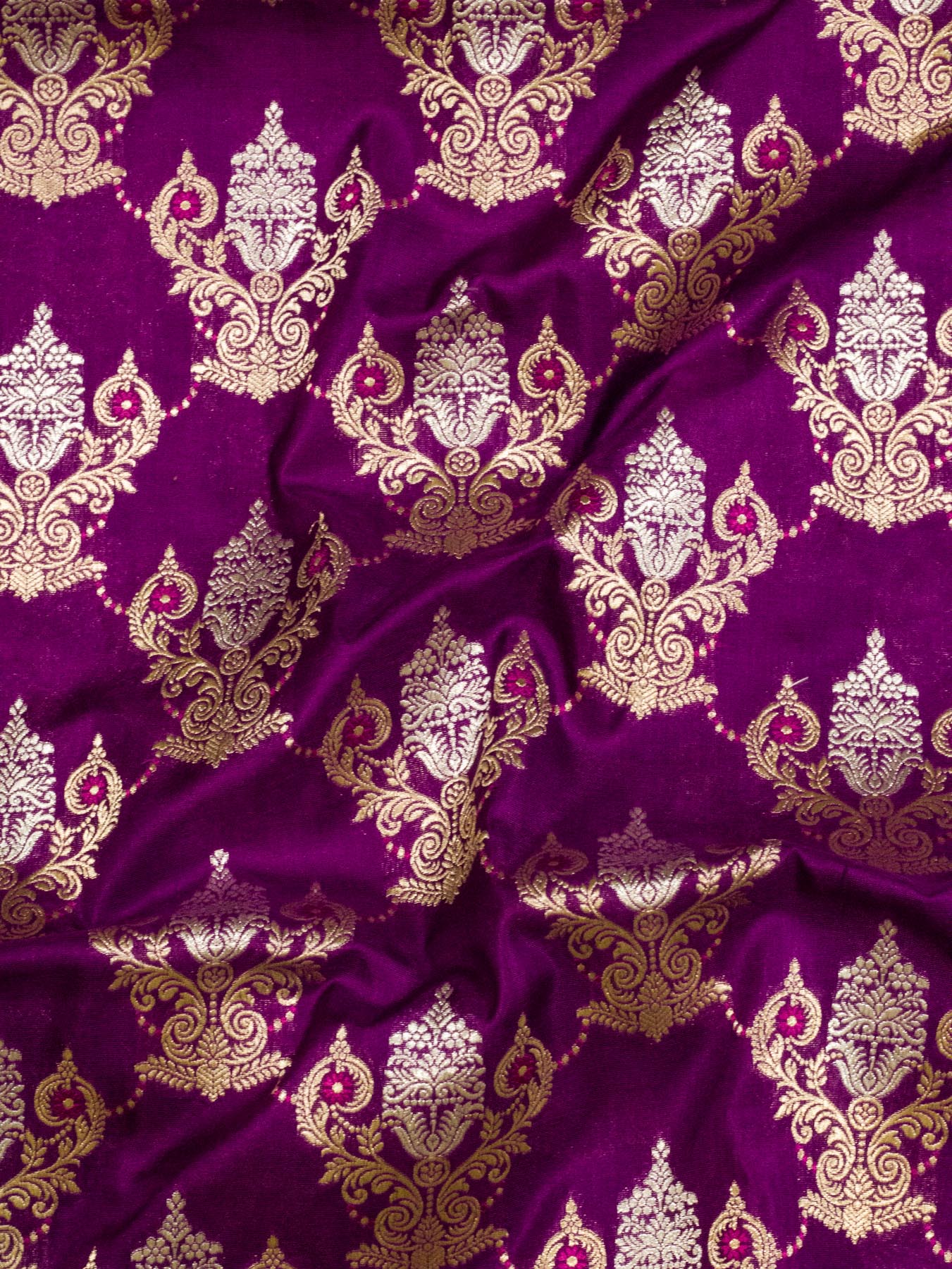 Bright Magenta Pure Katan Silk Saree Khaddi With Gold & Silver Zari Tilfi Meenakari Jaal
