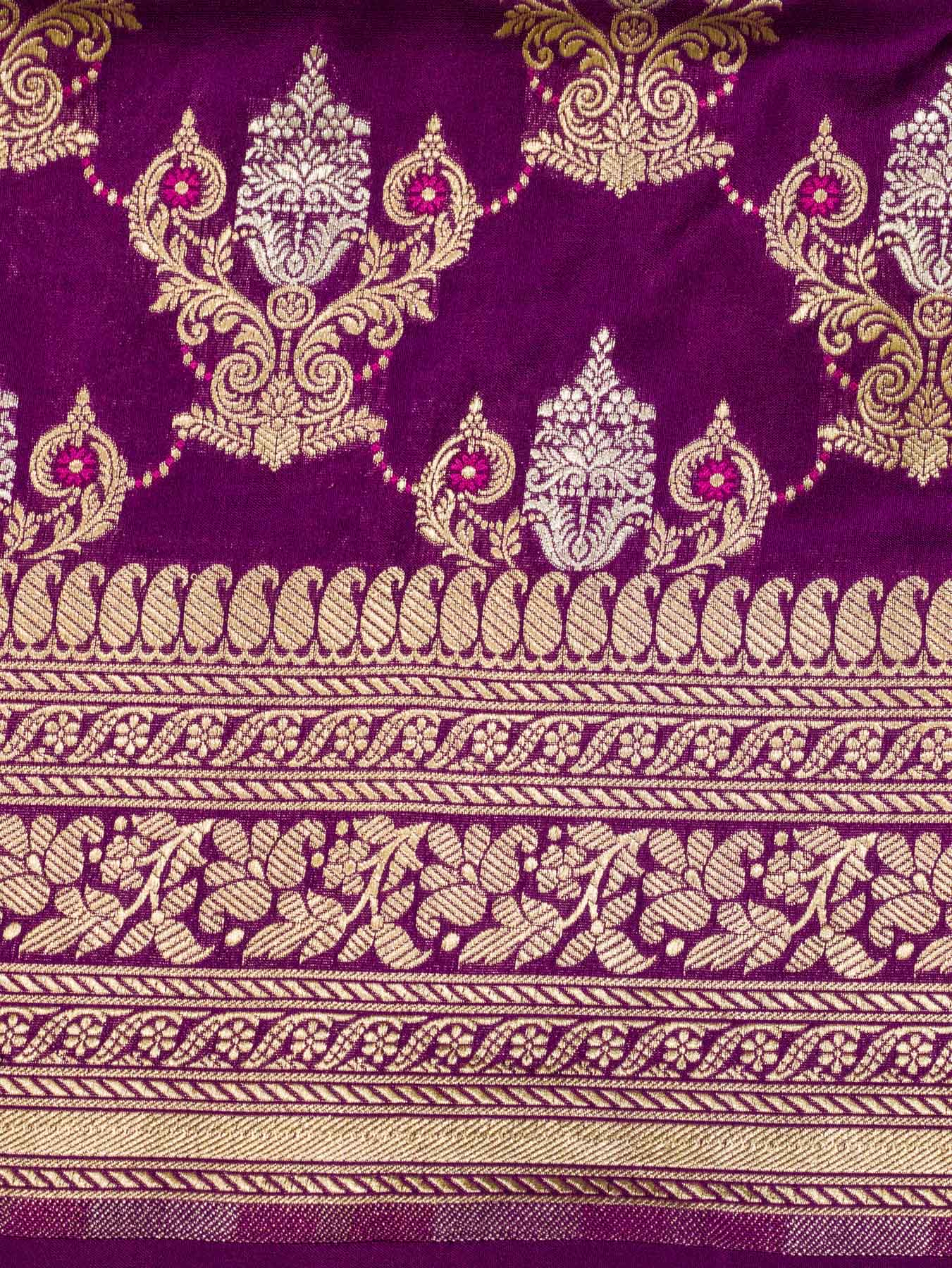 Bright Magenta Pure Katan Silk Saree Khaddi With Gold & Silver Zari Tilfi Meenakari Jaal