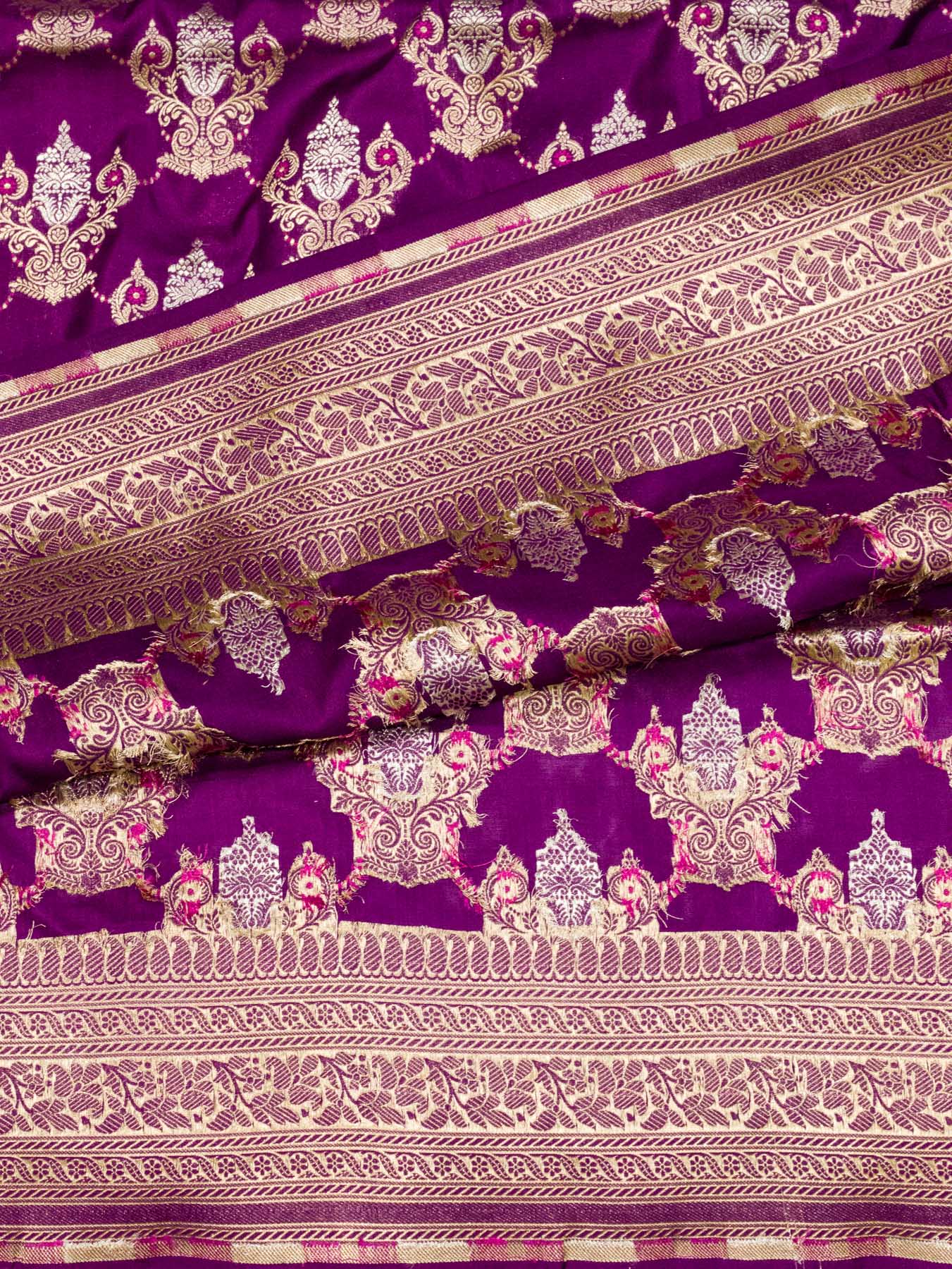 Bright Magenta Pure Katan Silk Saree Khaddi With Gold & Silver Zari Tilfi Meenakari Jaal