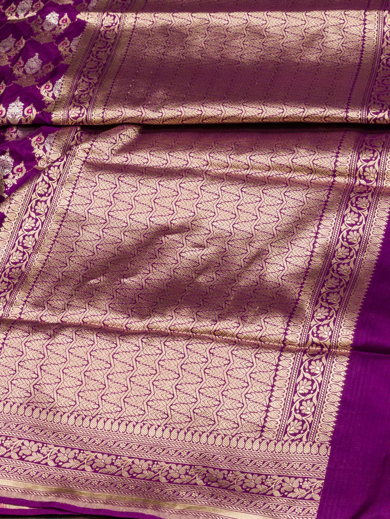 Bright Magenta Pure Katan Silk Saree Khaddi With Gold & Silver Zari Tilfi Meenakari Jaal