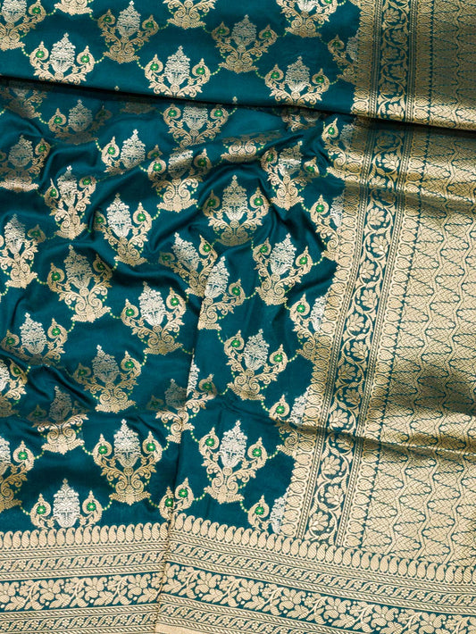 German Blue Pure Katan Silk Saree Khaddi With Gold & Silver Zari Tilfi Meenakari Jaal