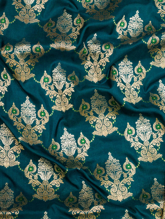 German Blue Pure Katan Silk Saree Khaddi With Gold & Silver Zari Tilfi Meenakari Jaal