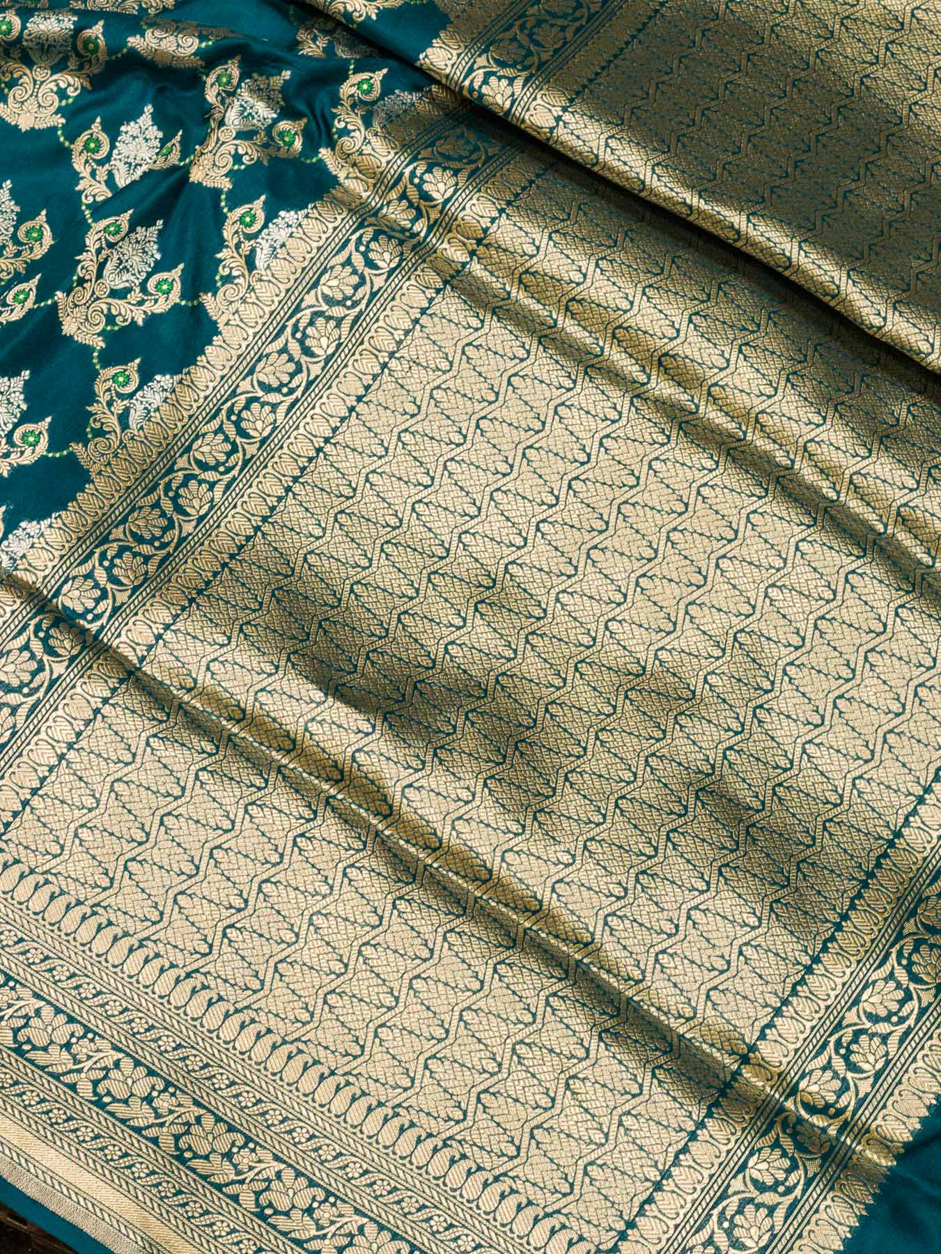 German Blue Pure Katan Silk Saree Khaddi With Gold & Silver Zari Tilfi Meenakari Jaal