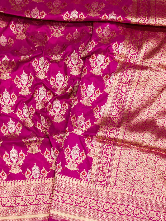 Bright Rani Pure Katan Silk Saree Khaddi With Gold & Silver Zari Tilfi Meenakari Jaal