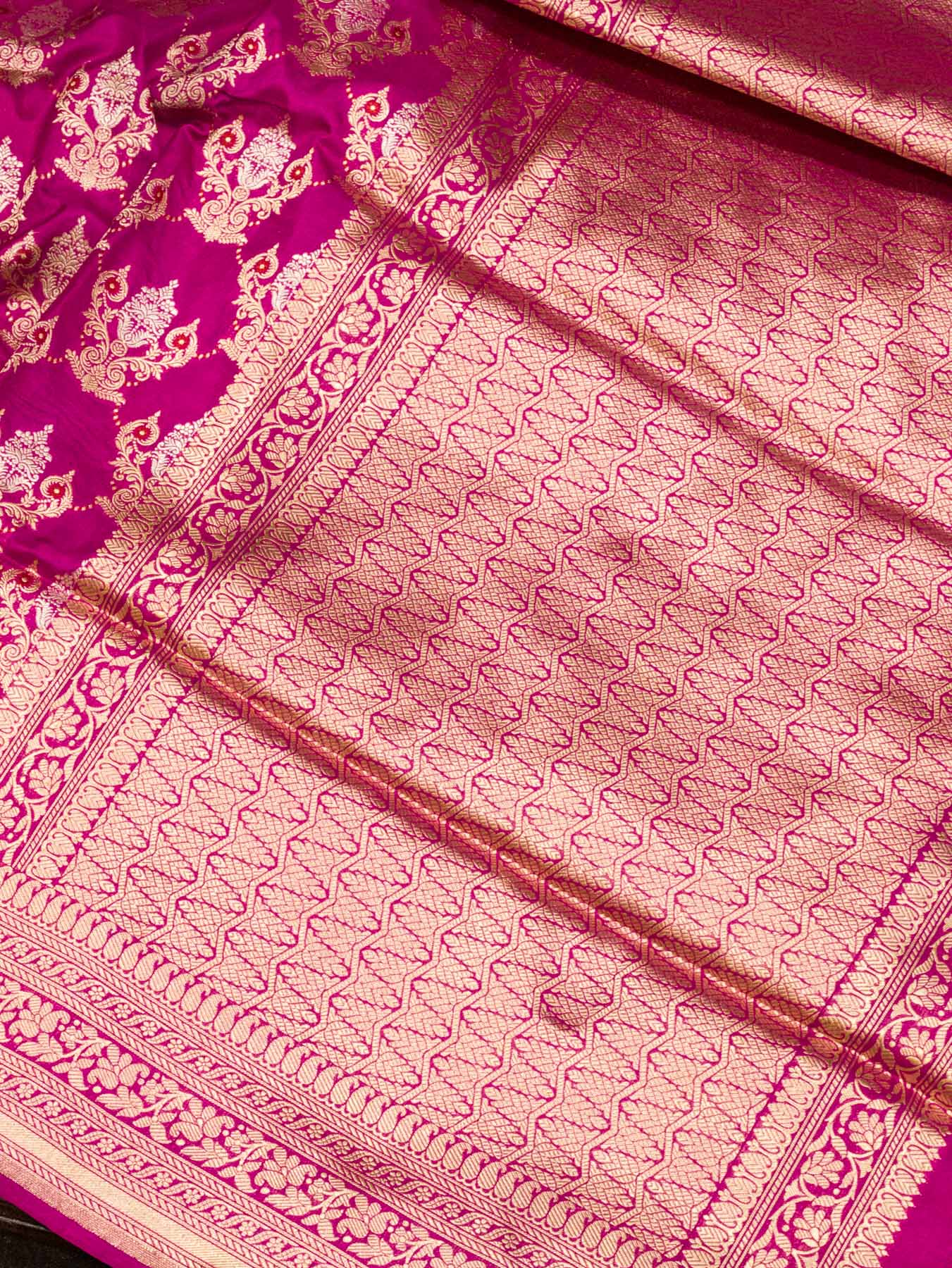 Bright Rani Pure Katan Silk Saree Khaddi With Gold & Silver Zari Tilfi Meenakari Jaal