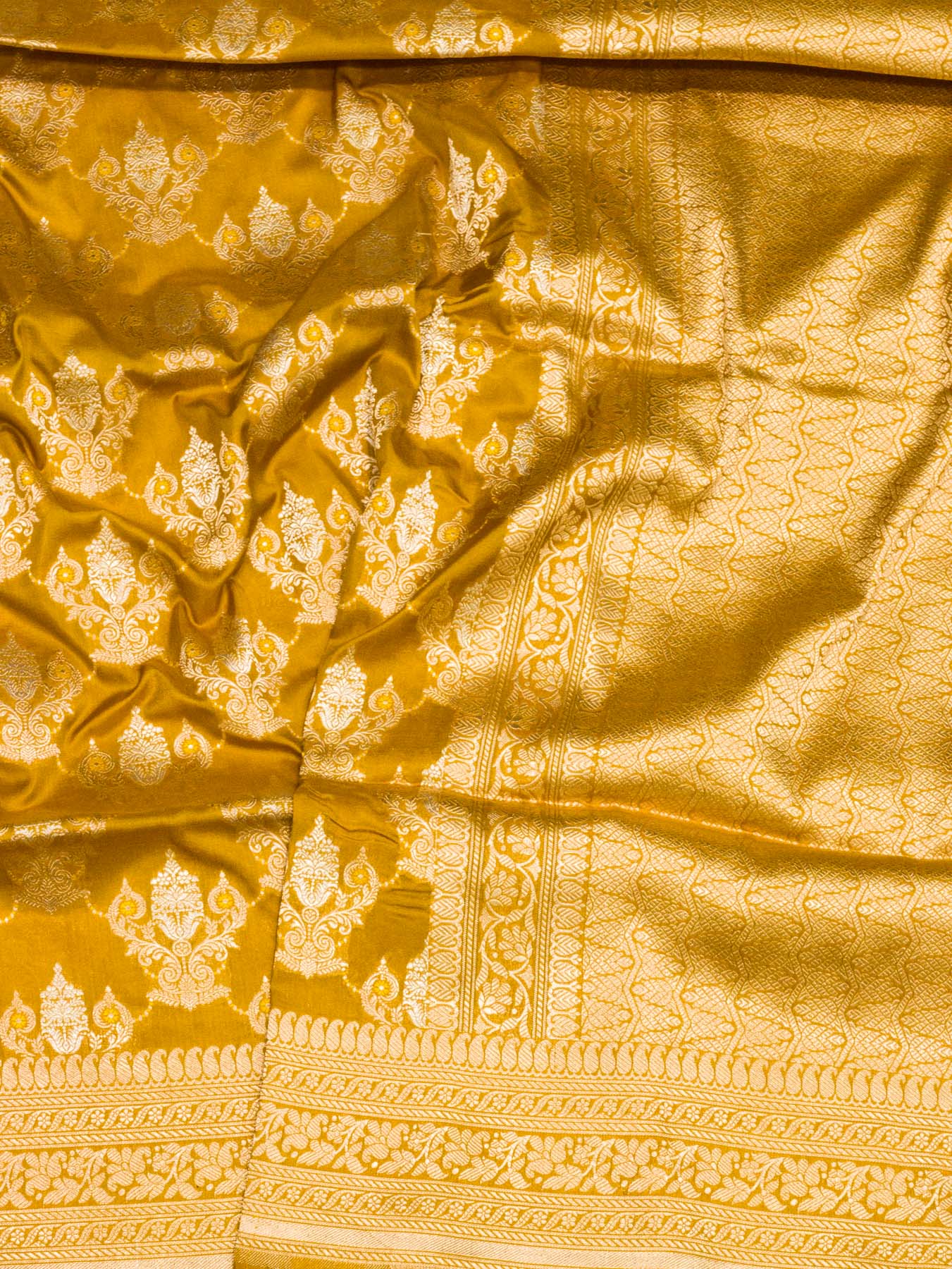 Mustard Yellow Pure Katan Silk Saree Khaddi  With Gold & Silver Zari Tilfi Meenakari Jaal (Copy)