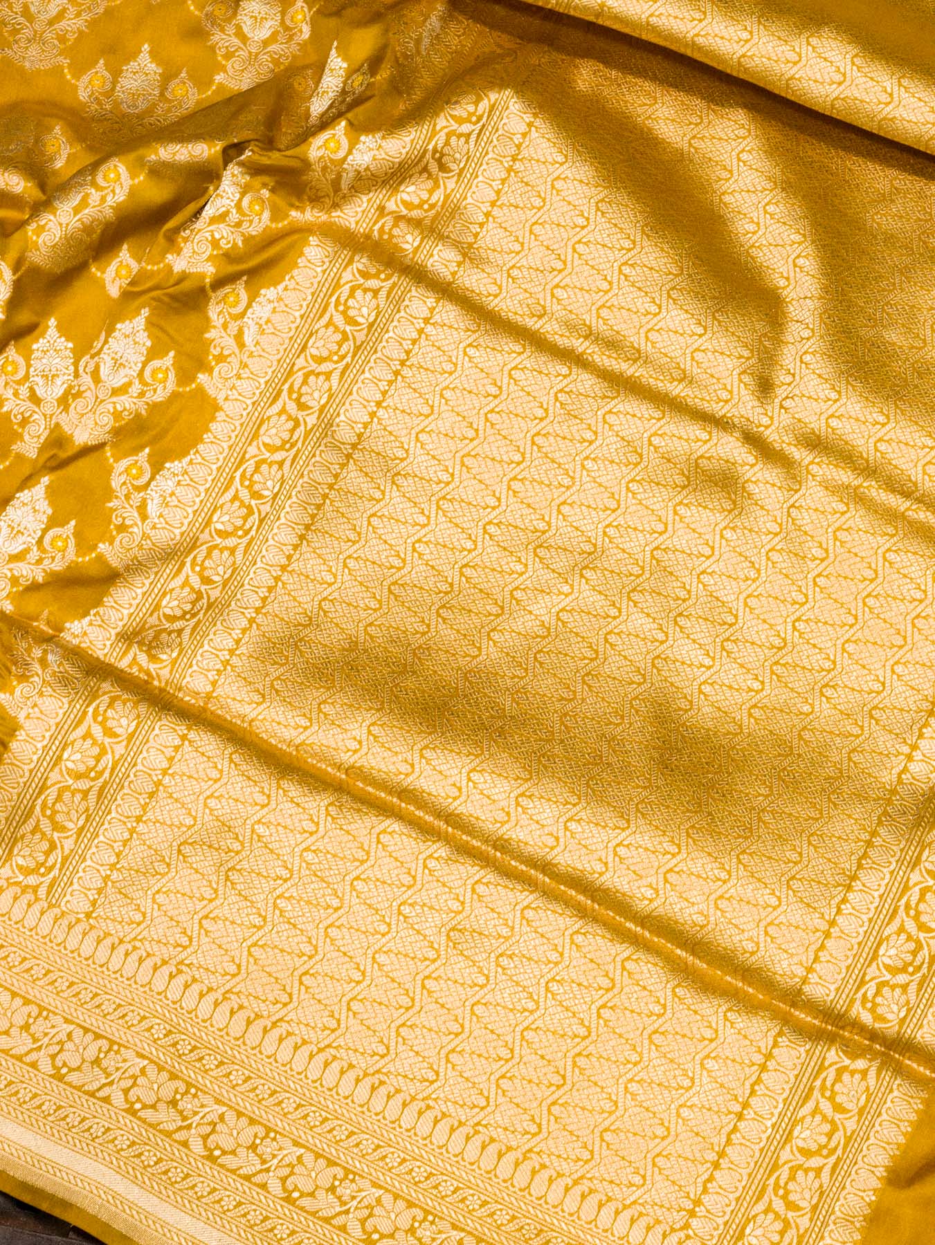 Mustard Yellow Pure Katan Silk Saree Khaddi  With Gold & Silver Zari Tilfi Meenakari Jaal (Copy)