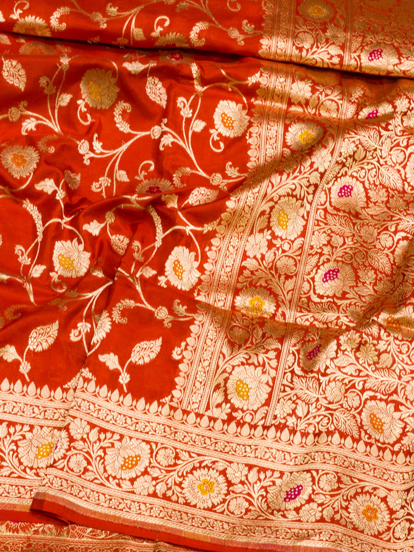 Red Pure Katan Silk Khaddi Saree with Gold Zari & Tilfi Meenakari Jaal