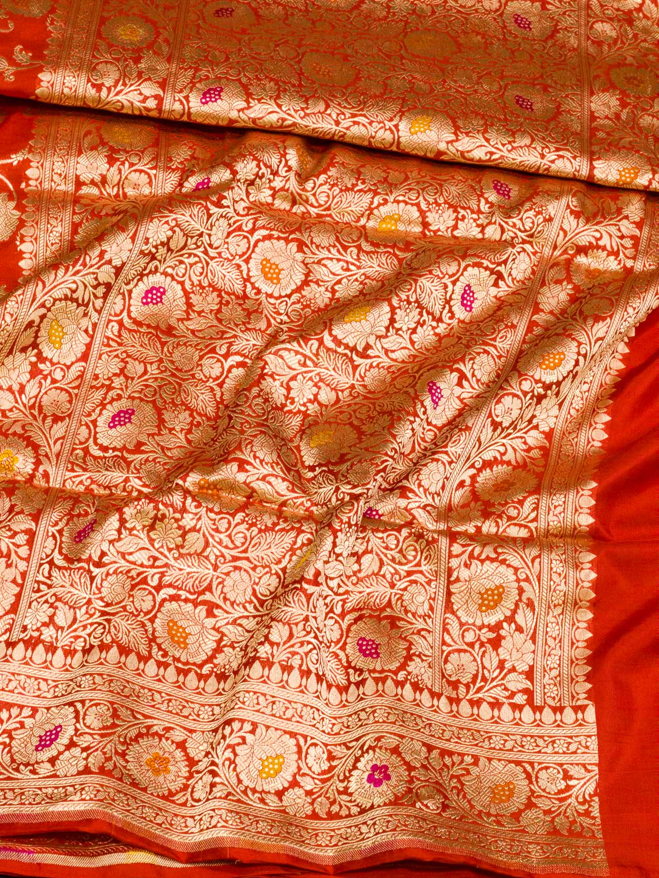 Red Pure Katan Silk Khaddi Saree with Gold Zari & Tilfi Meenakari Jaal
