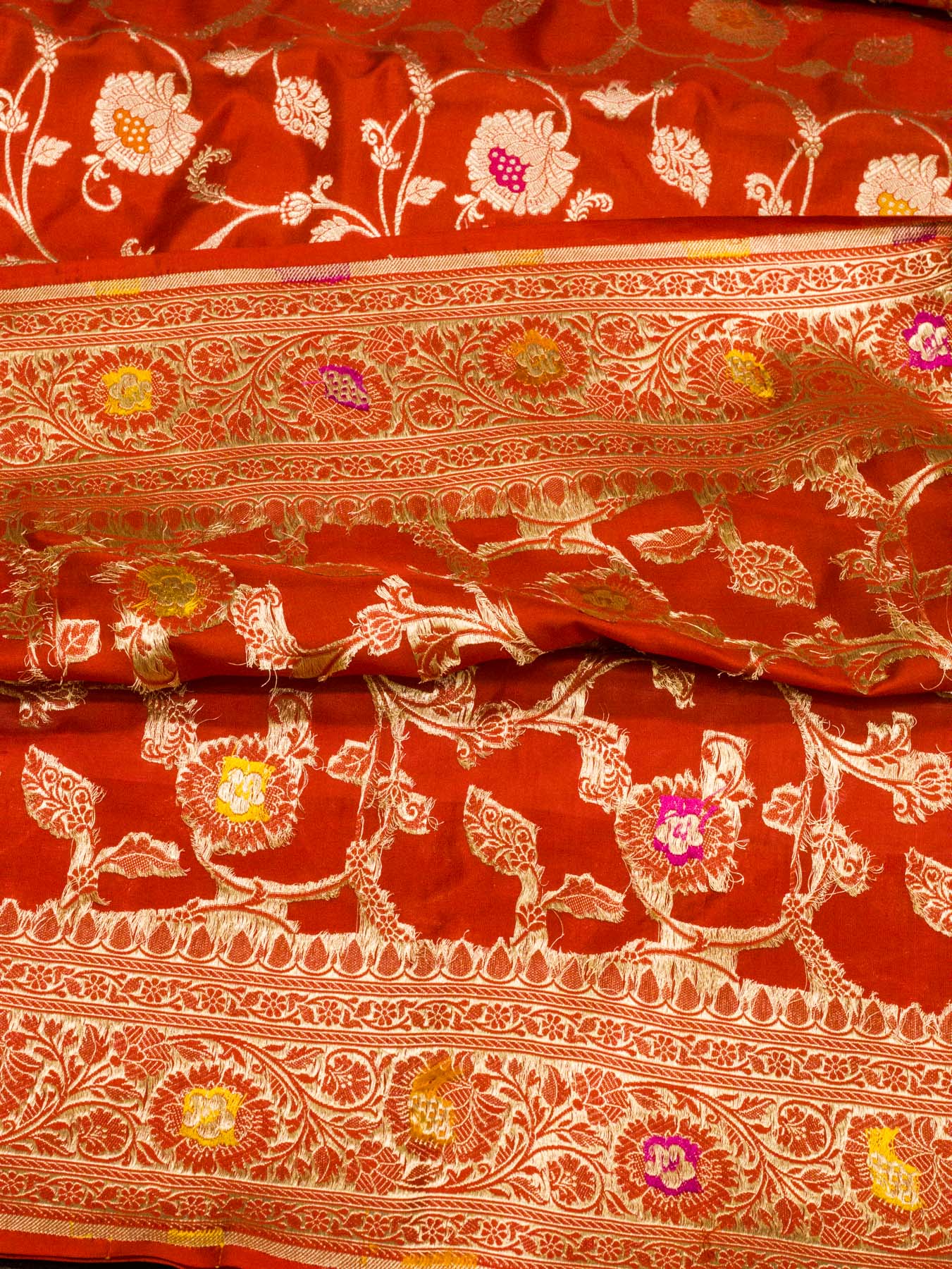 Red Pure Katan Silk Khaddi Saree with Gold Zari & Tilfi Meenakari Jaal