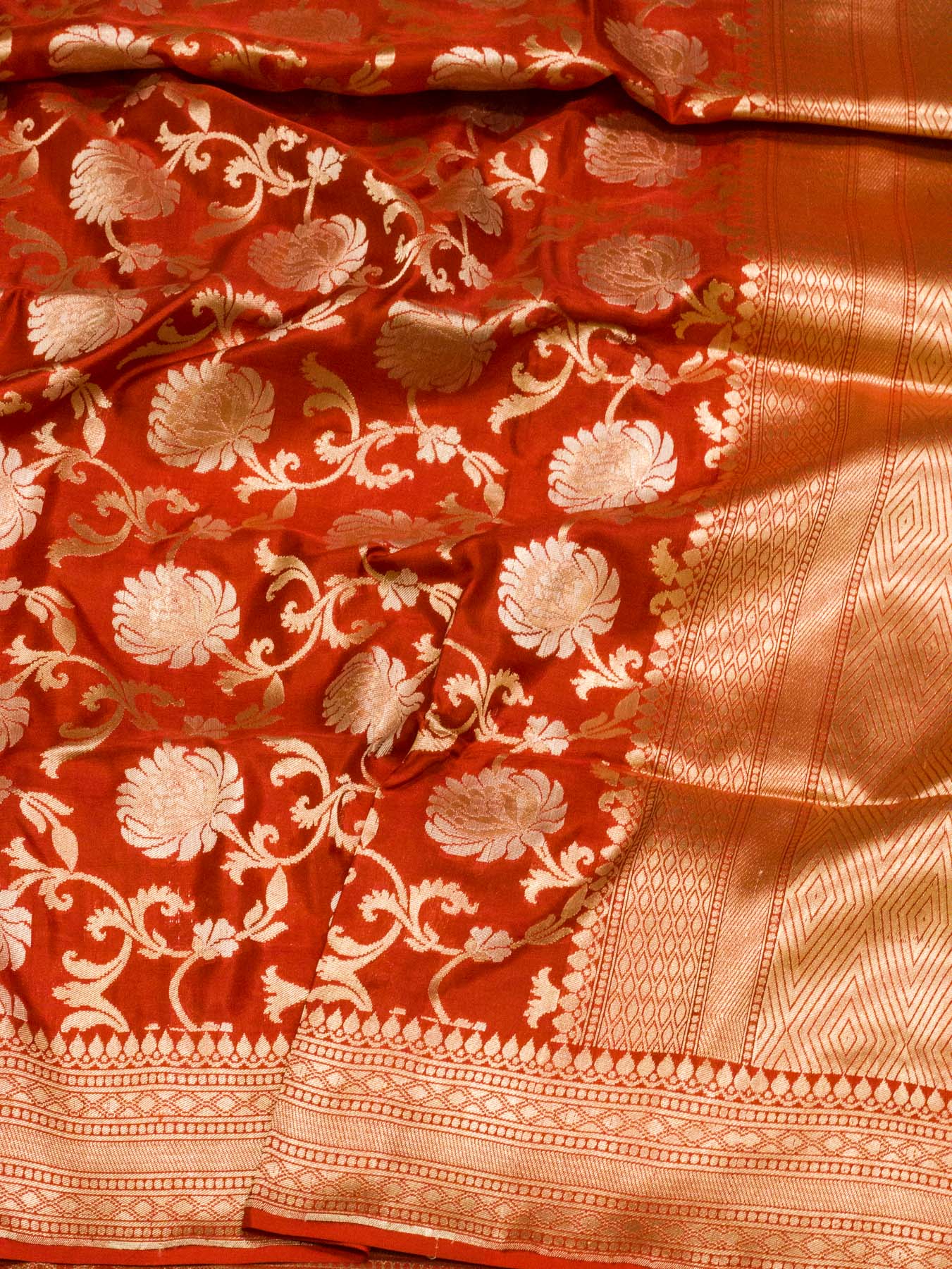 Deep Red Pure Katan Silk Saree Khaddi Weaving WIth Gold & Silver Zari Jaal
