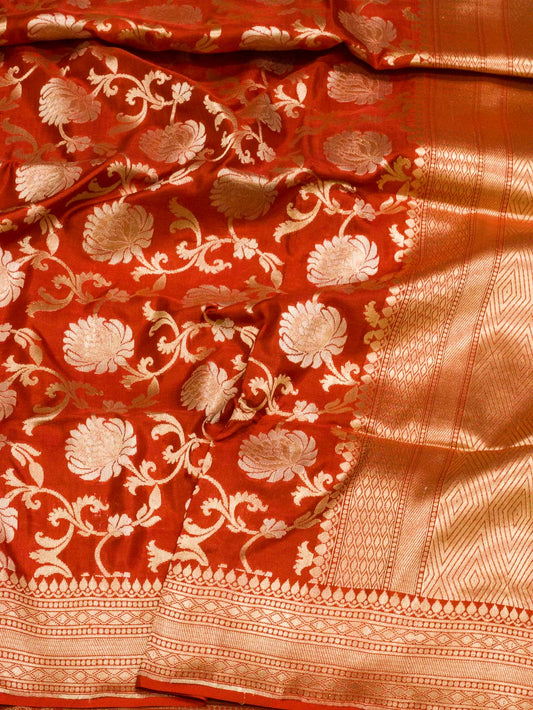 Deep Red Pure Katan Silk Saree Khaddi Weaving WIth Gold & Silver Zari Jaal