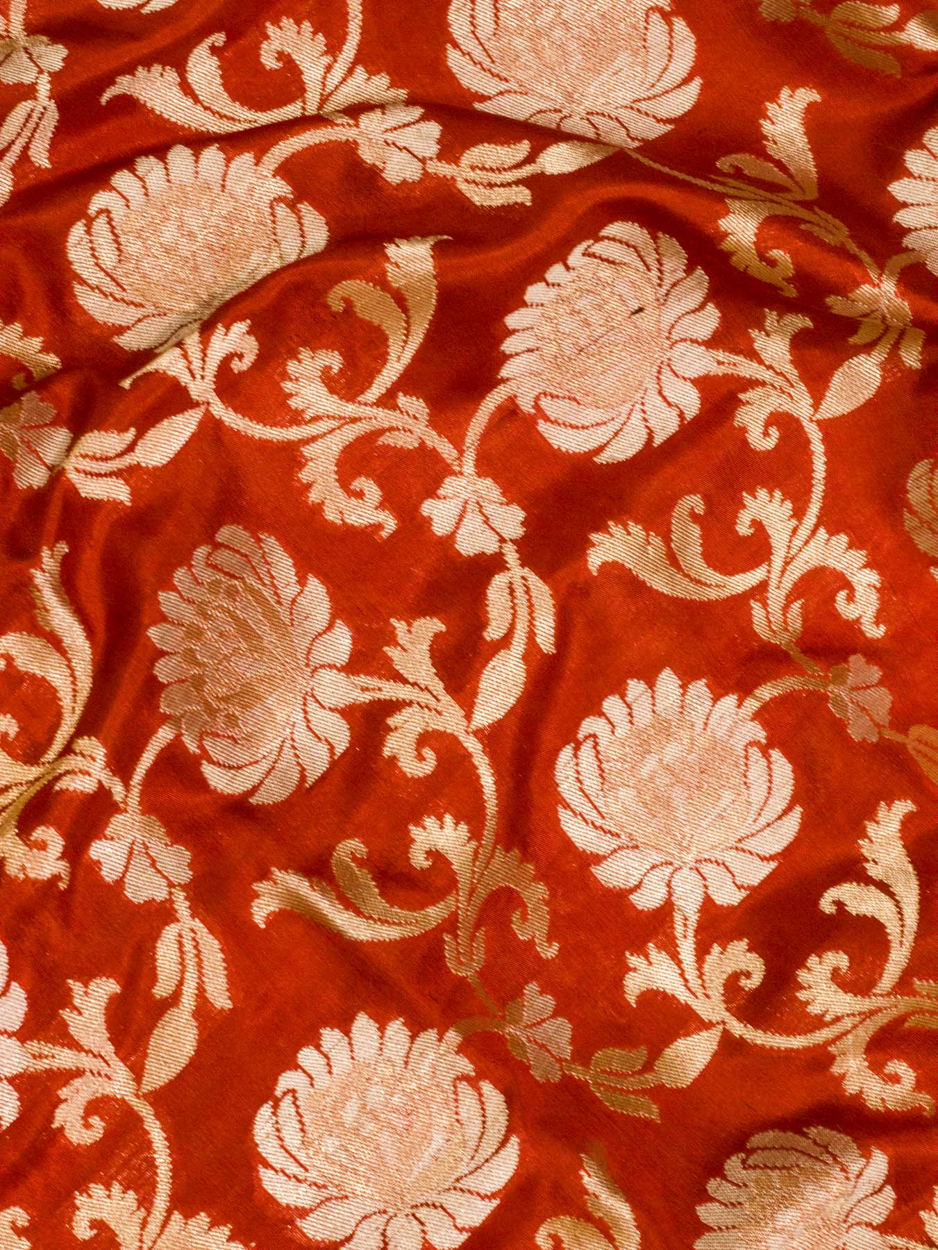 Deep Red Pure Katan Silk Saree Khaddi Weaving WIth Gold & Silver Zari Jaal