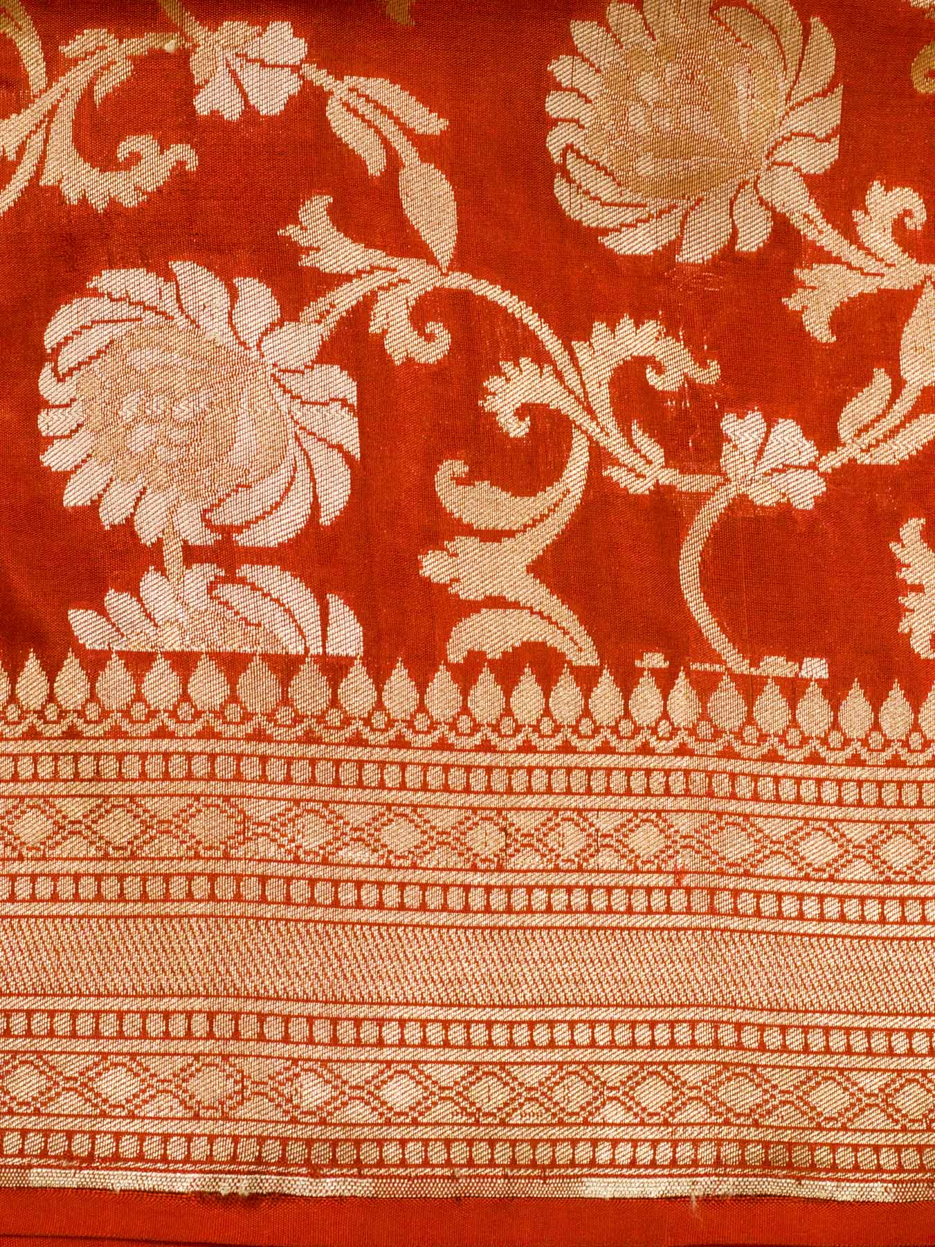 Deep Red Pure Katan Silk Saree Khaddi Weaving WIth Gold & Silver Zari Jaal