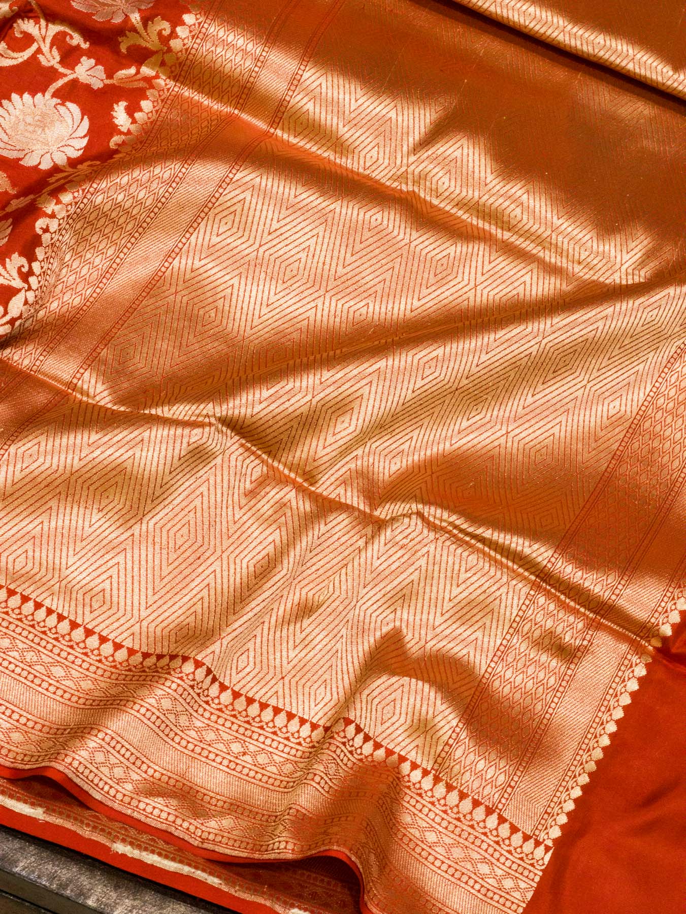 Deep Red Pure Katan Silk Saree Khaddi Weaving WIth Gold & Silver Zari Jaal