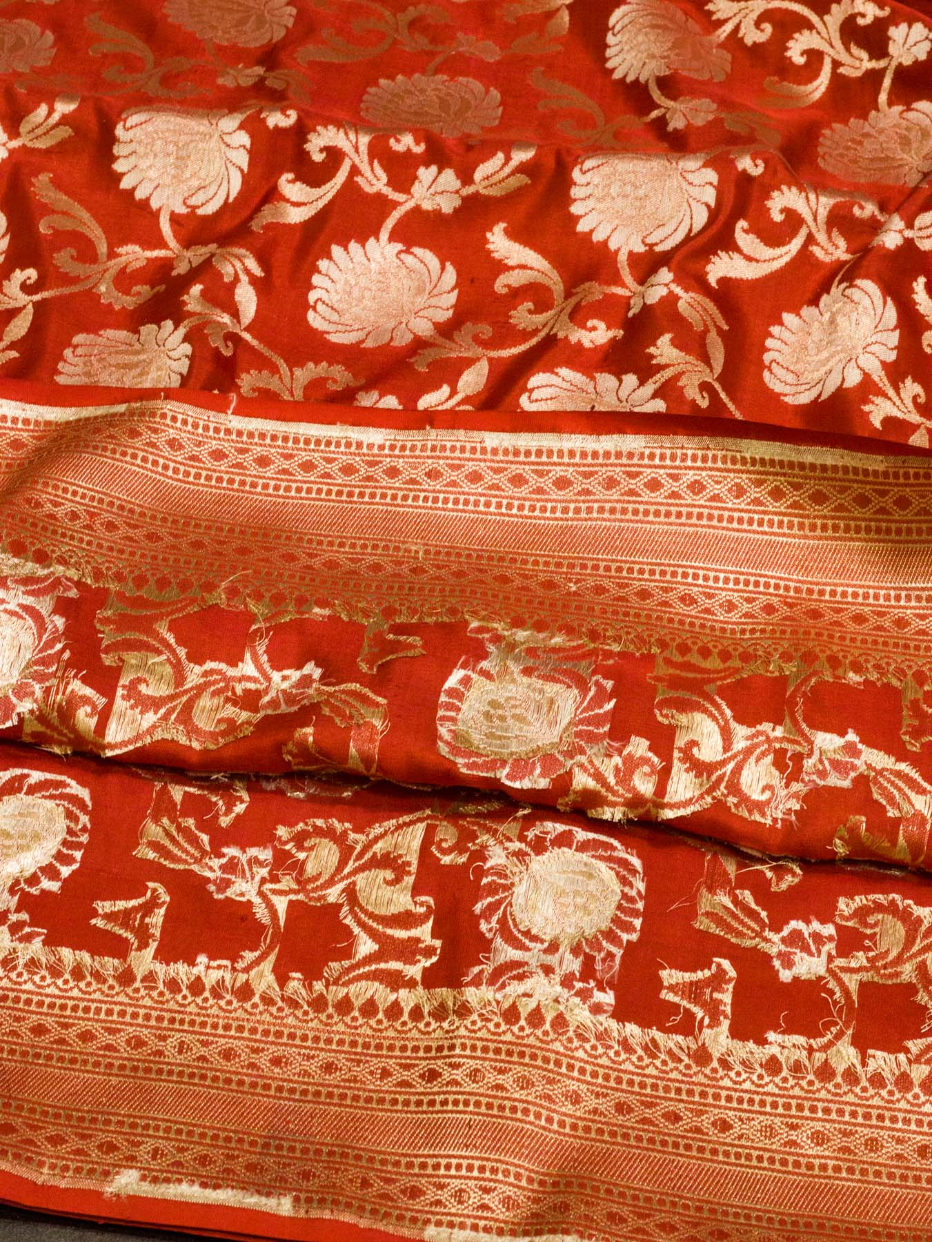 Deep Red Pure Katan Silk Saree Khaddi Weaving WIth Gold & Silver Zari Jaal