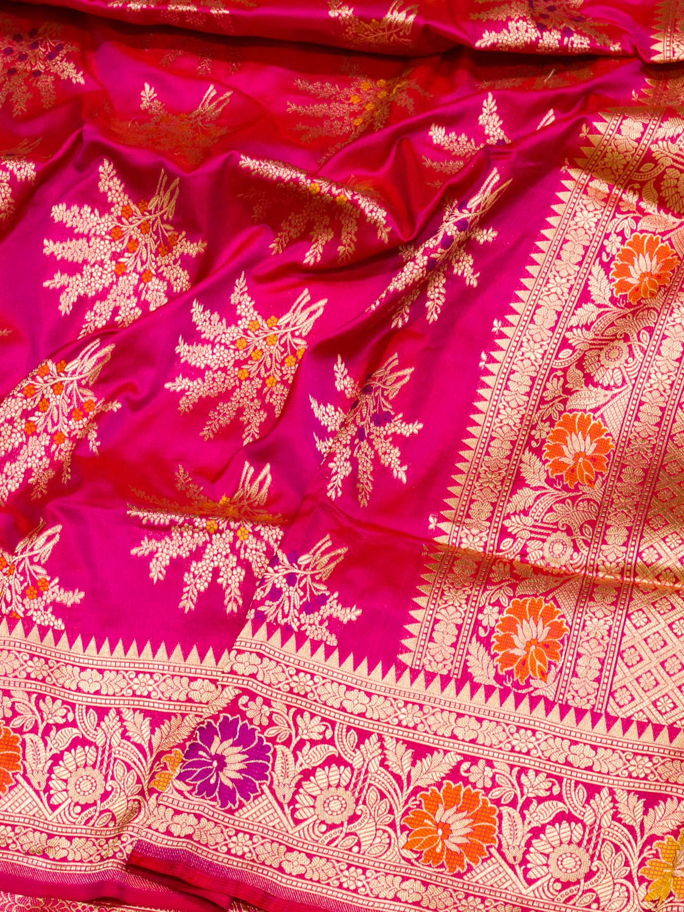 Rani Pink Pure Katan Silk Khaddi Saree with Gold Zari & Tilfi Meenakari Jaal