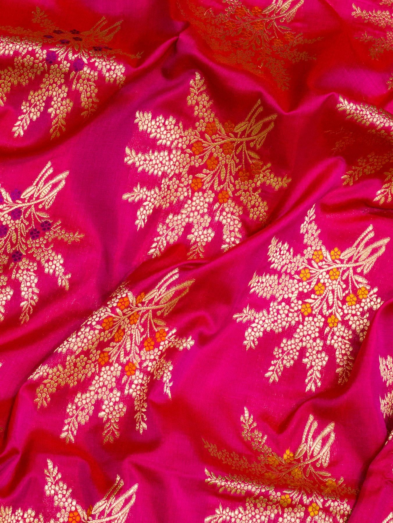 Rani Pink Pure Katan Silk Khaddi Saree with Gold Zari & Tilfi Meenakari Jaal
