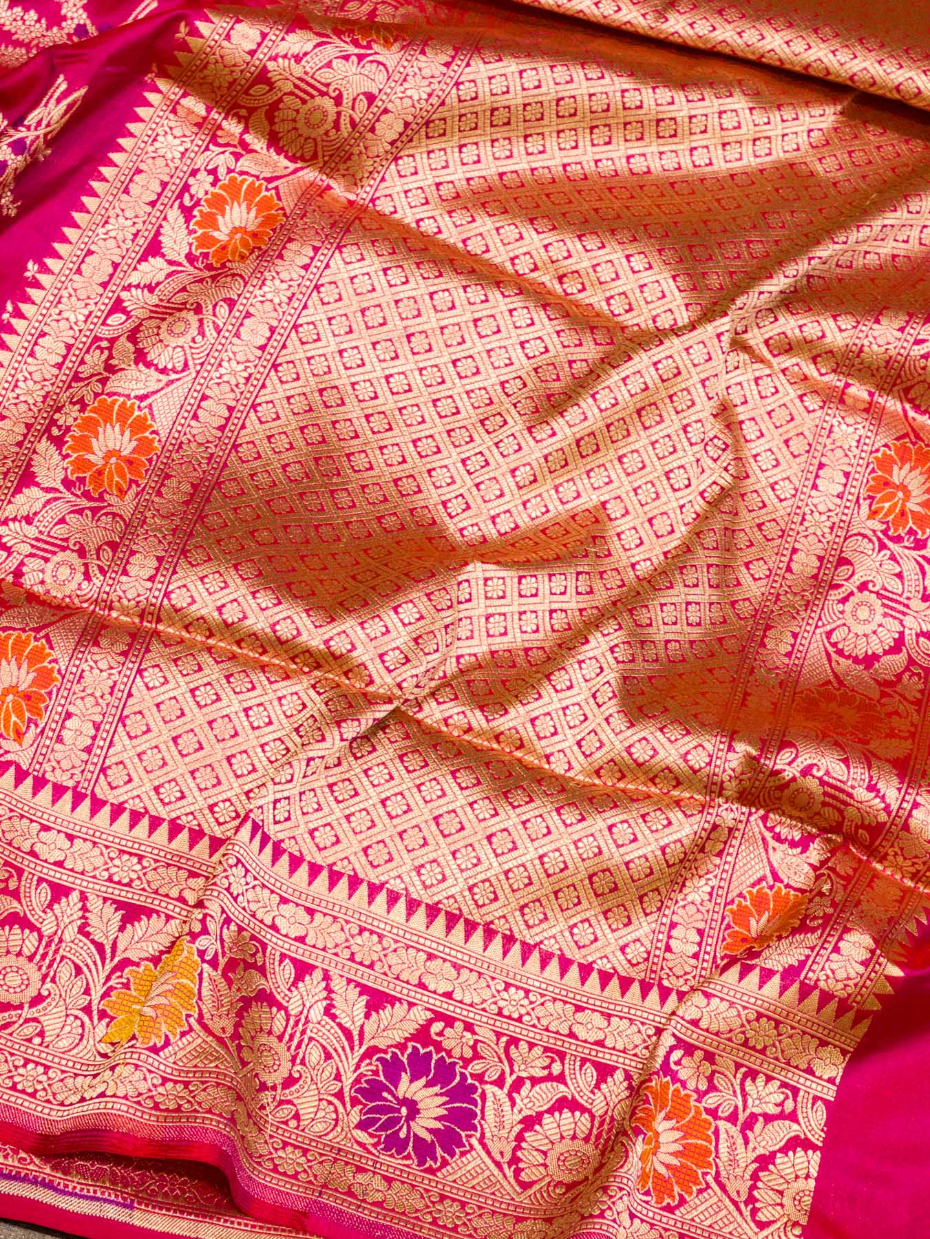 Rani Pink Pure Katan Silk Khaddi Saree with Gold Zari & Tilfi Meenakari Jaal
