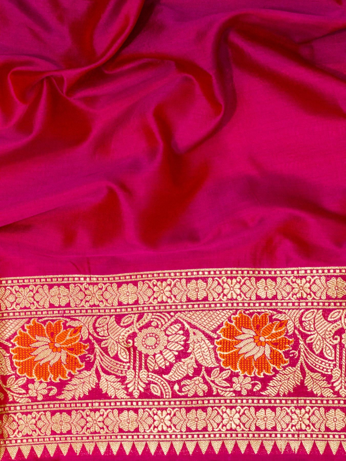 Rani Pink Pure Katan Silk Khaddi Saree with Gold Zari & Tilfi Meenakari Jaal