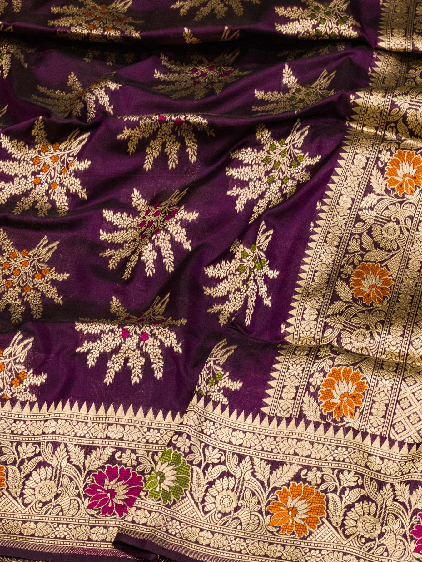 Garnet Pure Katan Silk Khaddi Saree with Gold Zari & Tilfi Meenakari Jaal