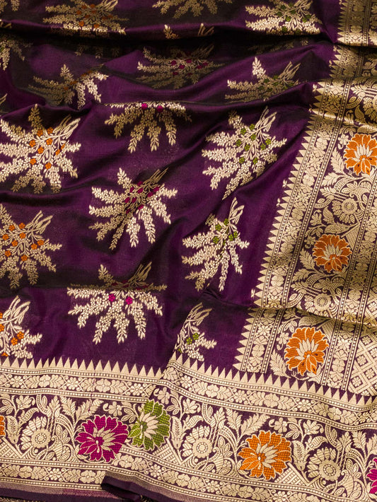 Garnet Pure Katan Silk Khaddi Saree with Gold Zari & Tilfi Meenakari Jaal