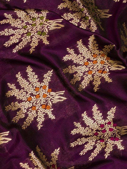 Garnet Pure Katan Silk Khaddi Saree with Gold Zari & Tilfi Meenakari Jaal