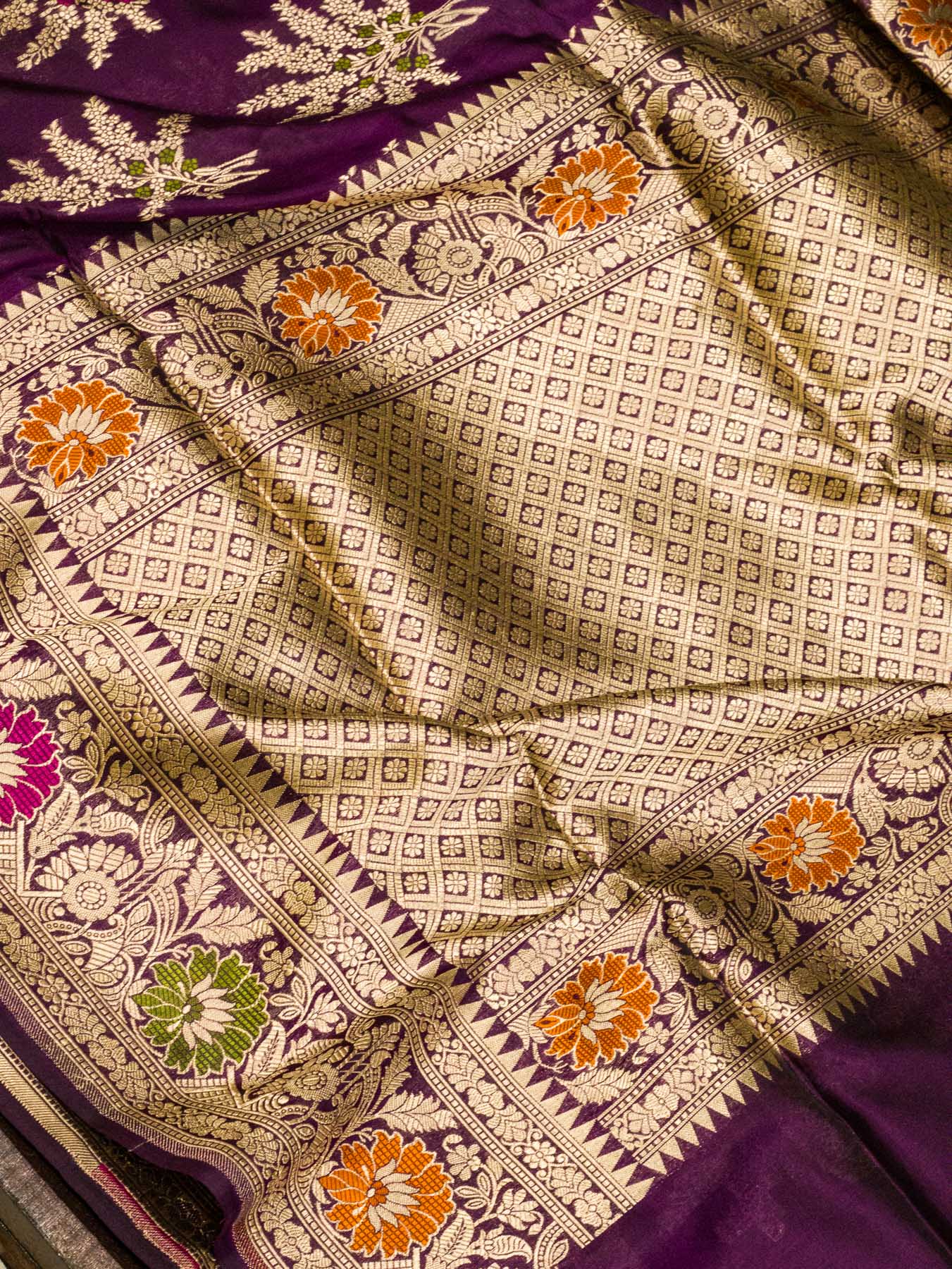 Garnet Pure Katan Silk Khaddi Saree with Gold Zari & Tilfi Meenakari Jaal