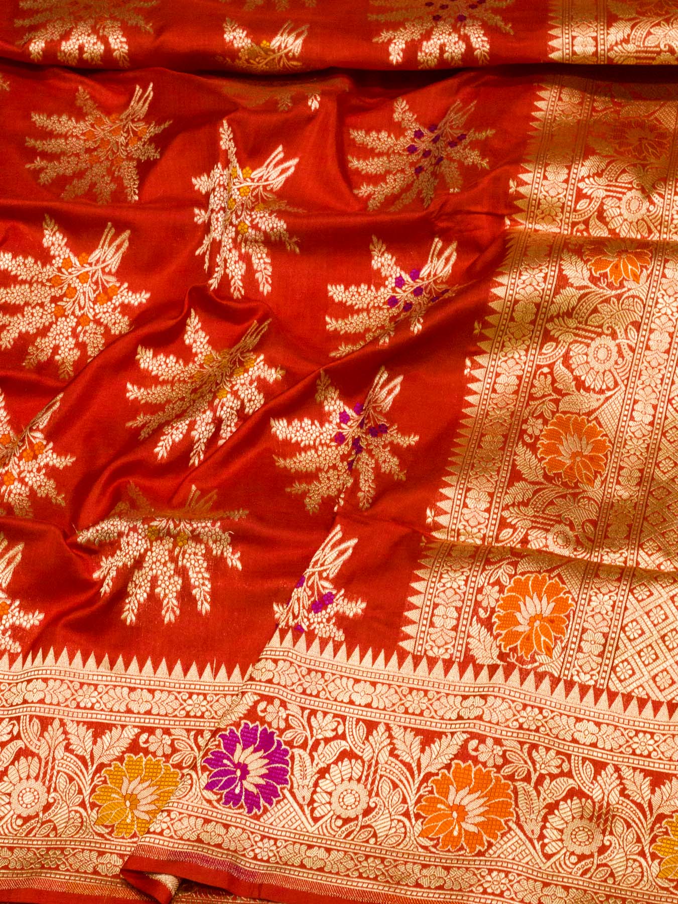 Bright Red Pure Katan Silk Khaddi Saree with Gold Zari & Tilfi Meenakari Jaal