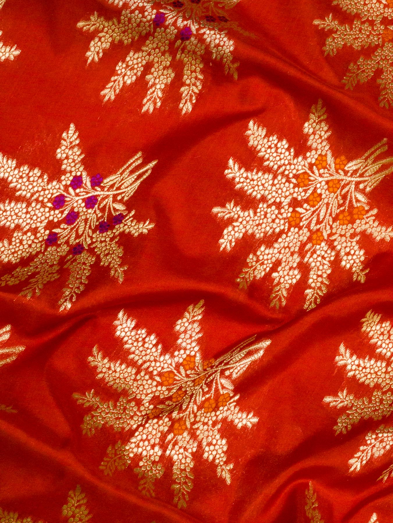 Bright Red Pure Katan Silk Khaddi Saree with Gold Zari & Tilfi Meenakari Jaal
