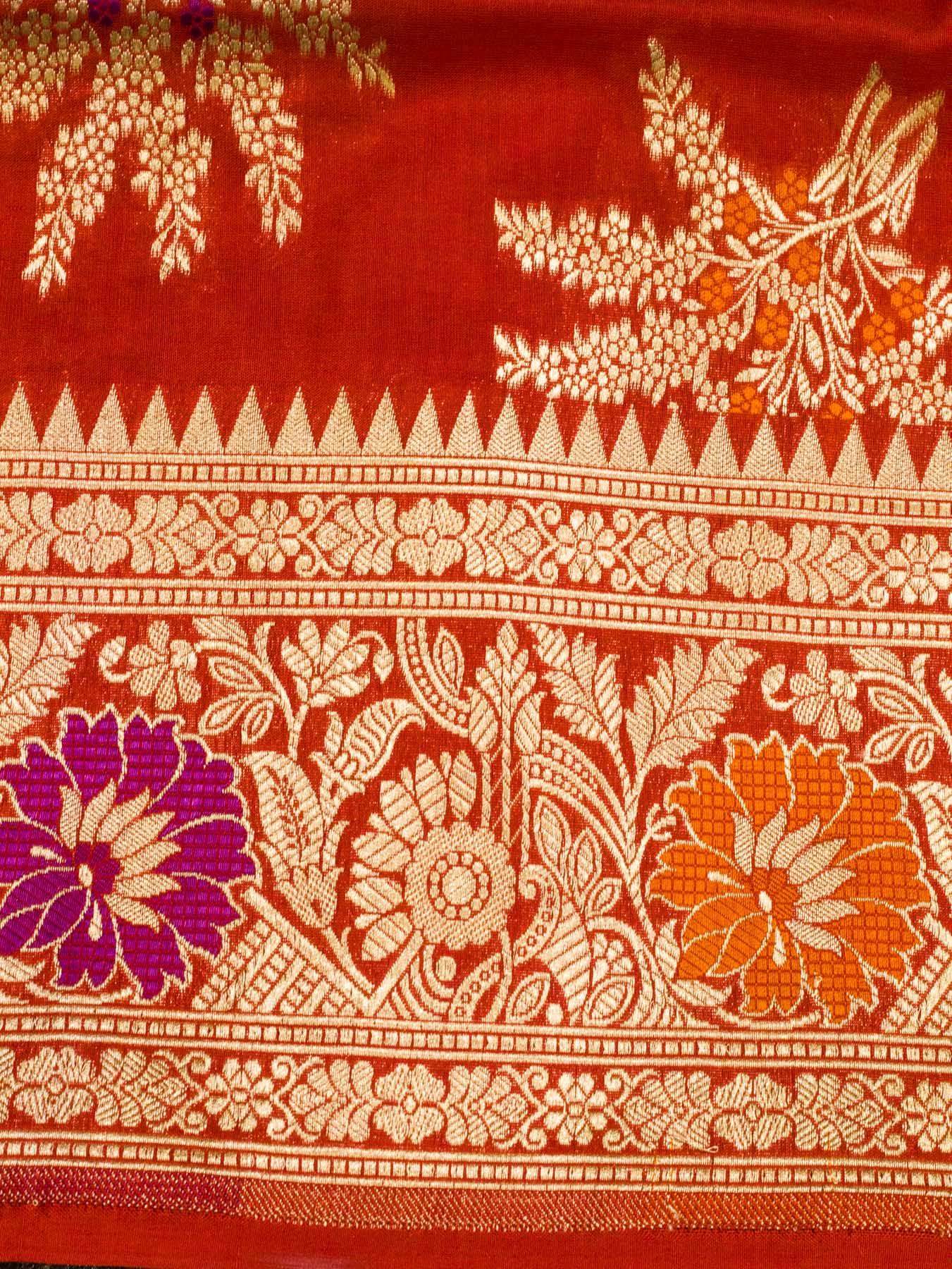 Bright Red Pure Katan Silk Khaddi Saree with Gold Zari & Tilfi Meenakari Jaal
