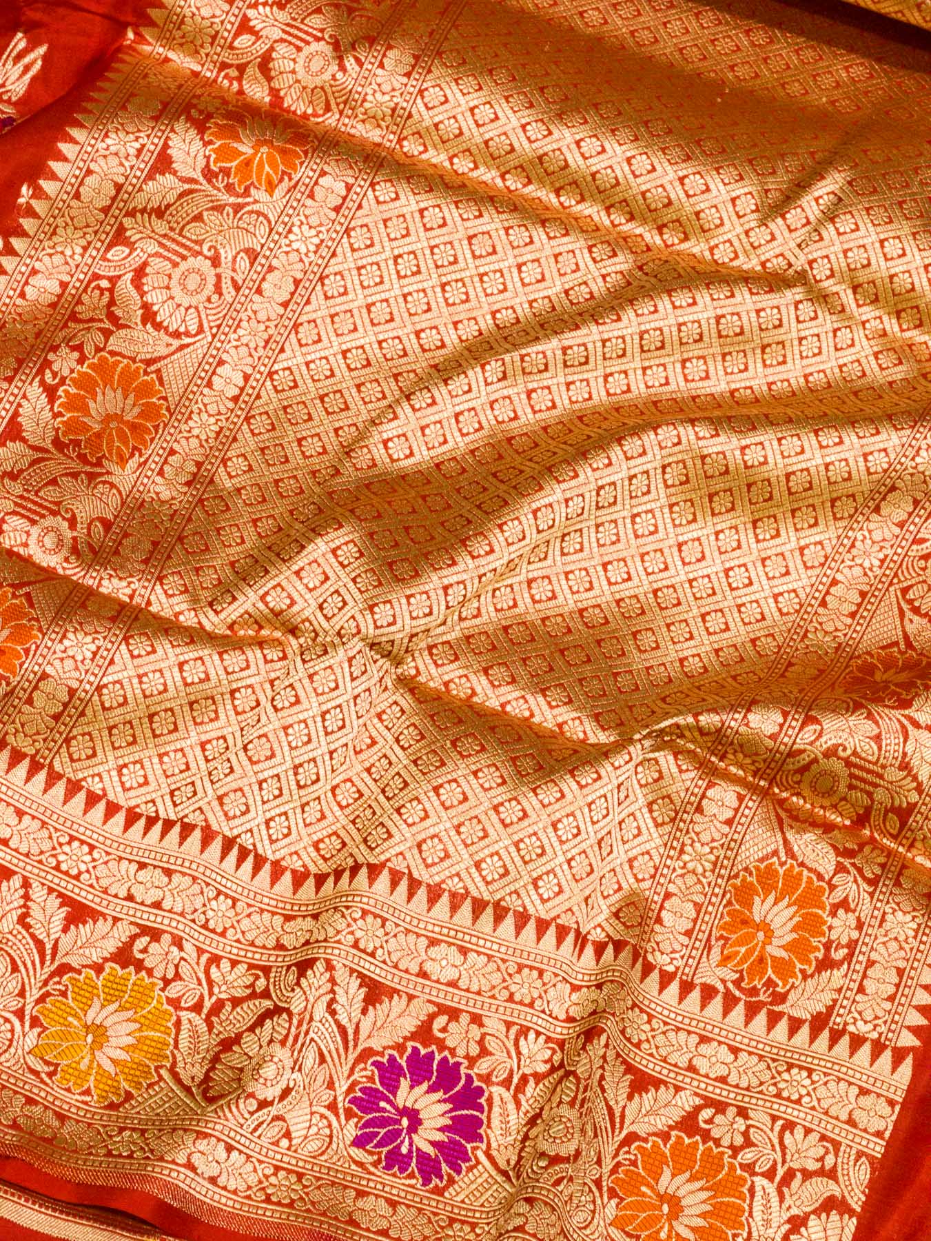 Bright Red Pure Katan Silk Khaddi Saree with Gold Zari & Tilfi Meenakari Jaal