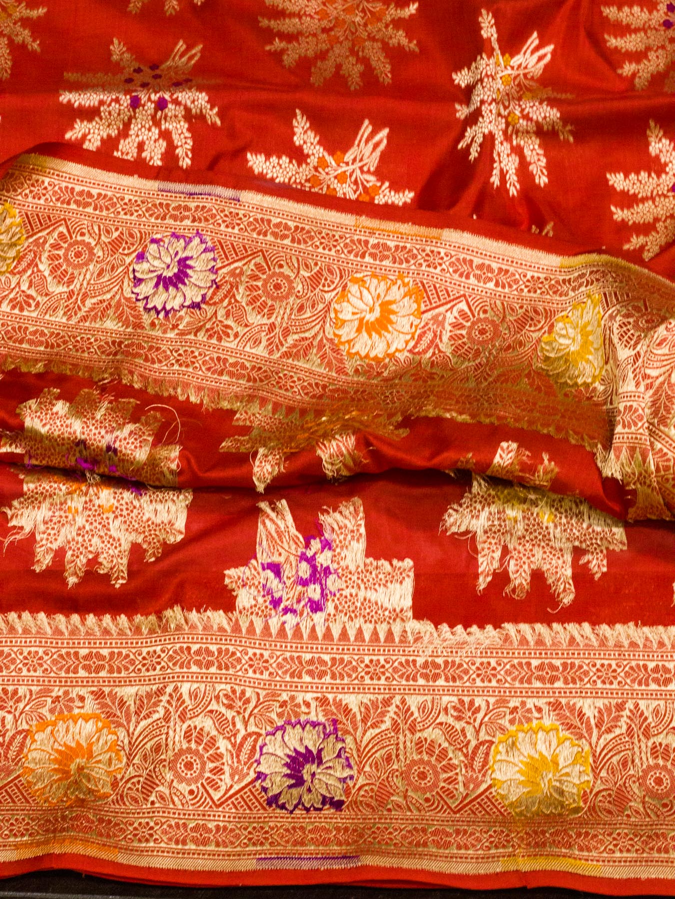 Bright Red Pure Katan Silk Khaddi Saree with Gold Zari & Tilfi Meenakari Jaal