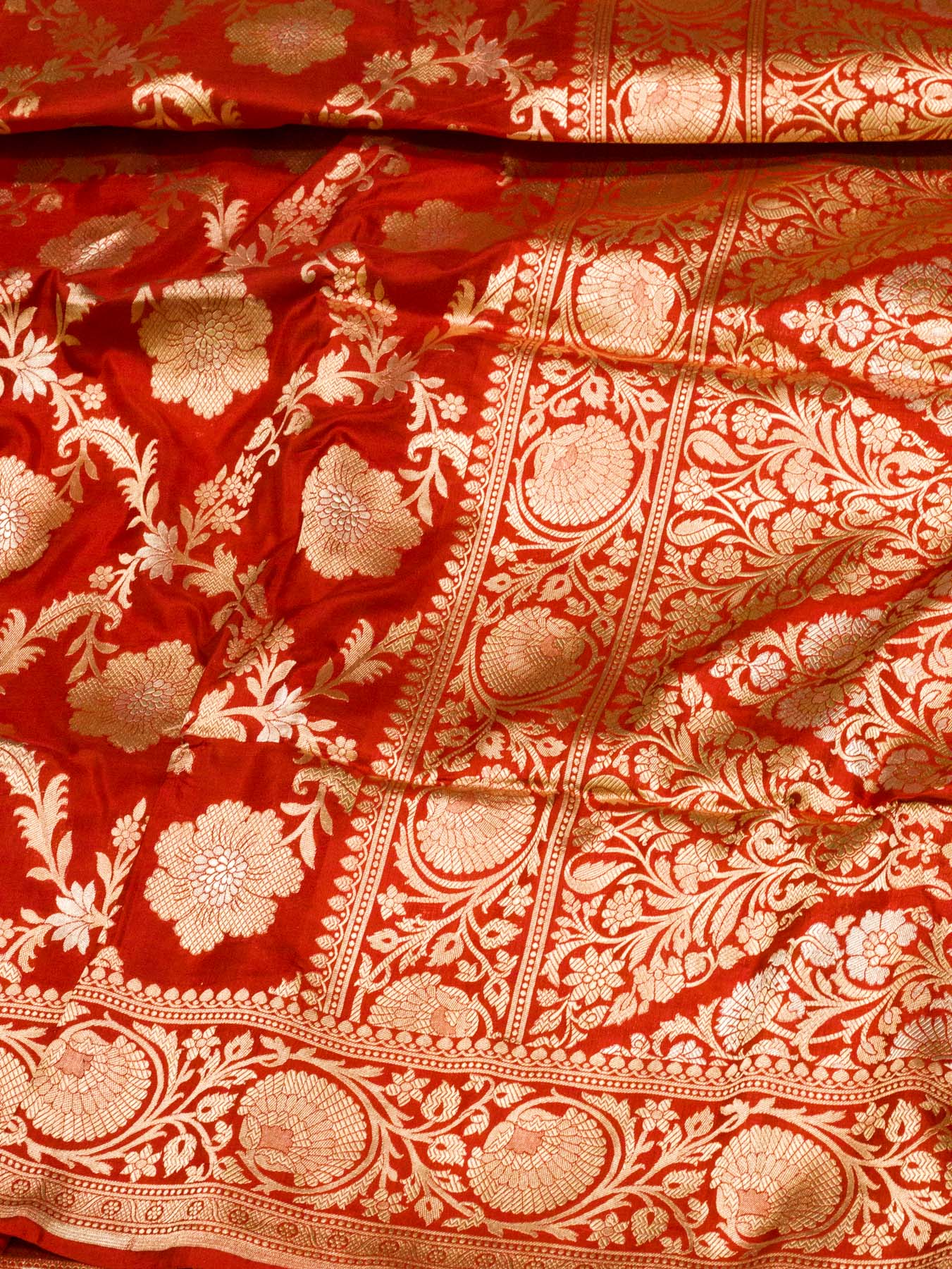 Red Pure Katan Silk Saree Khaddi  With Gold & Silver Zari Jaal