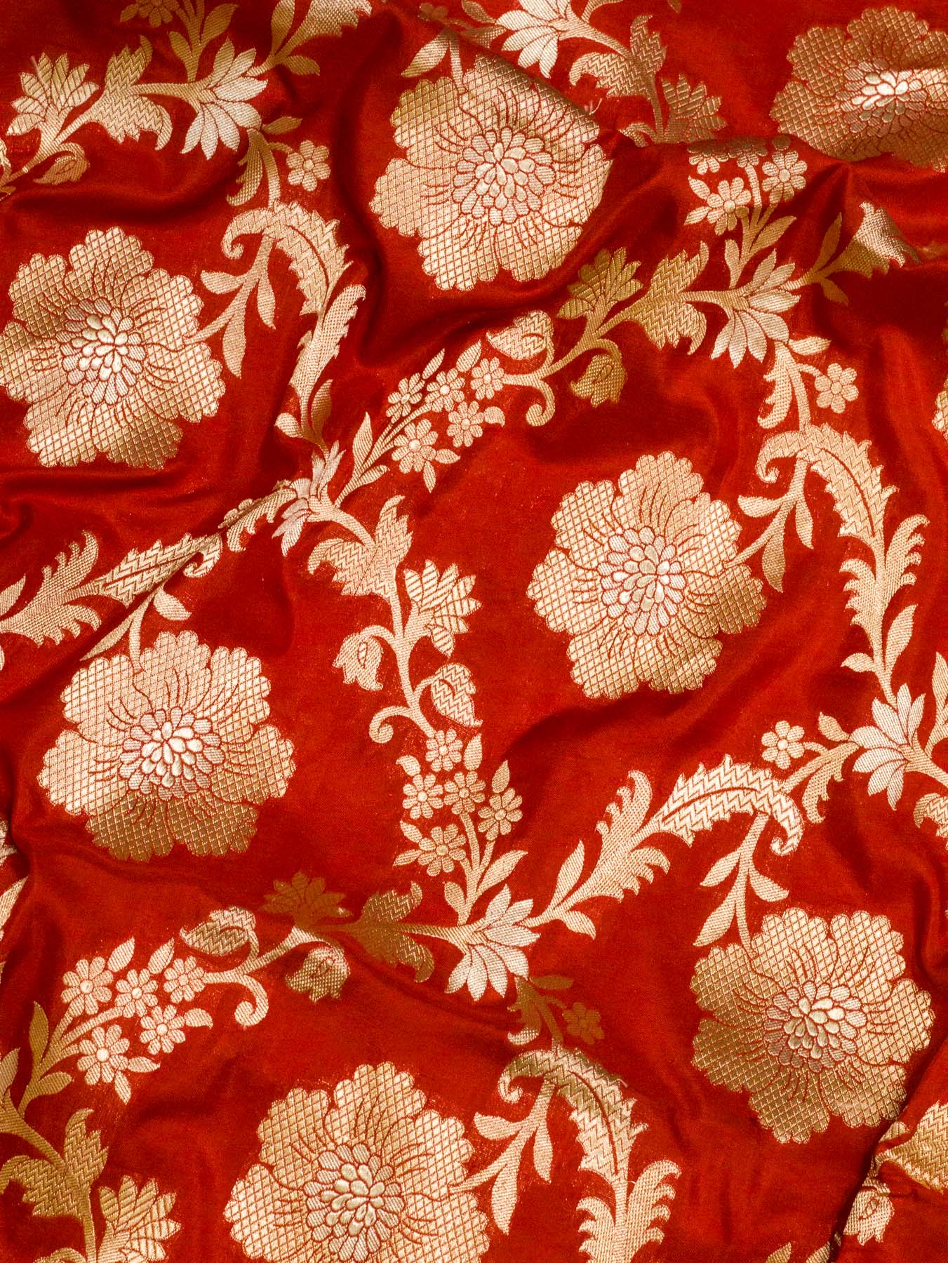 Red Pure Katan Silk Saree Khaddi  With Gold & Silver Zari Jaal