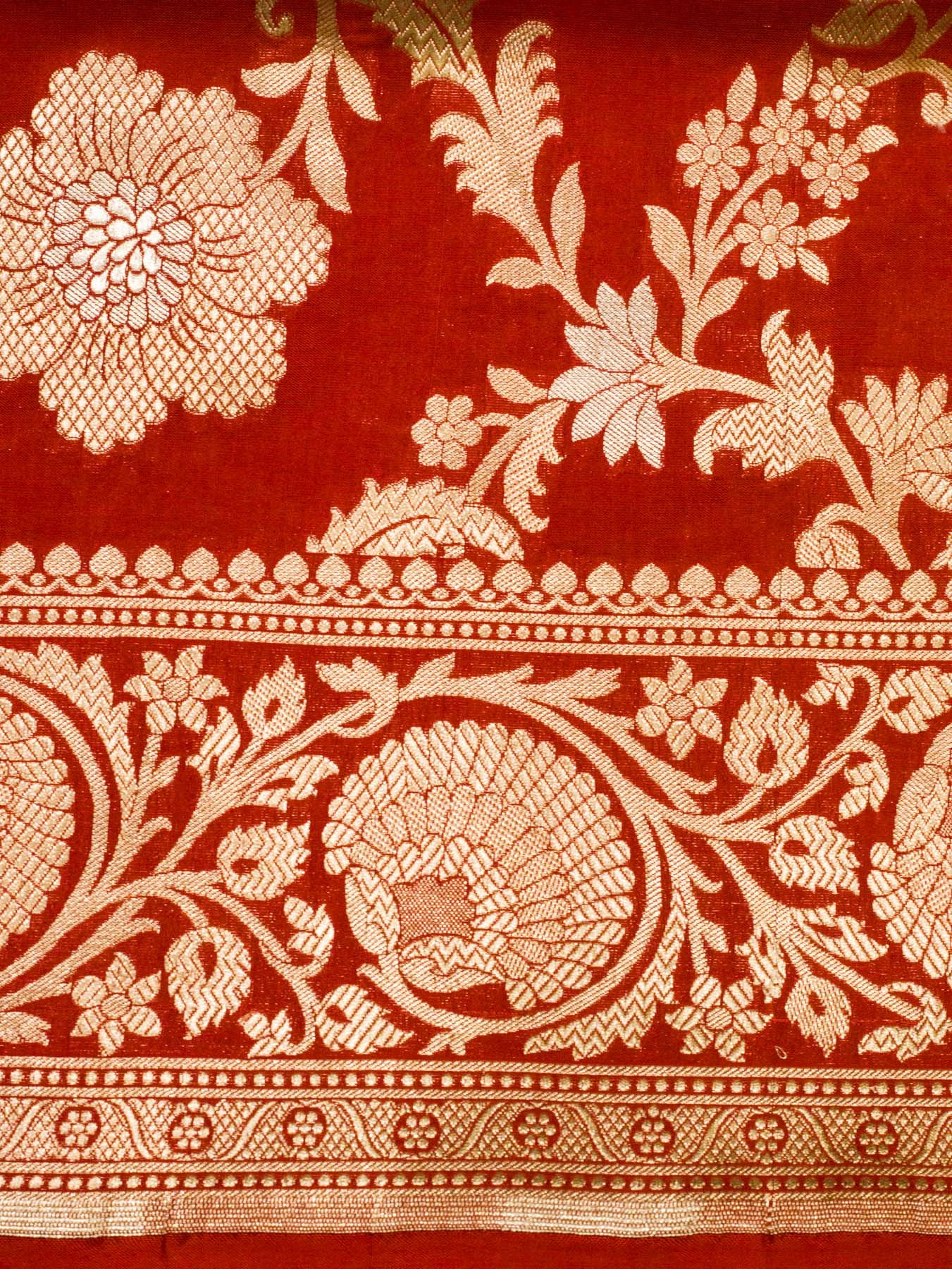 Red Pure Katan Silk Saree Khaddi  With Gold & Silver Zari Jaal