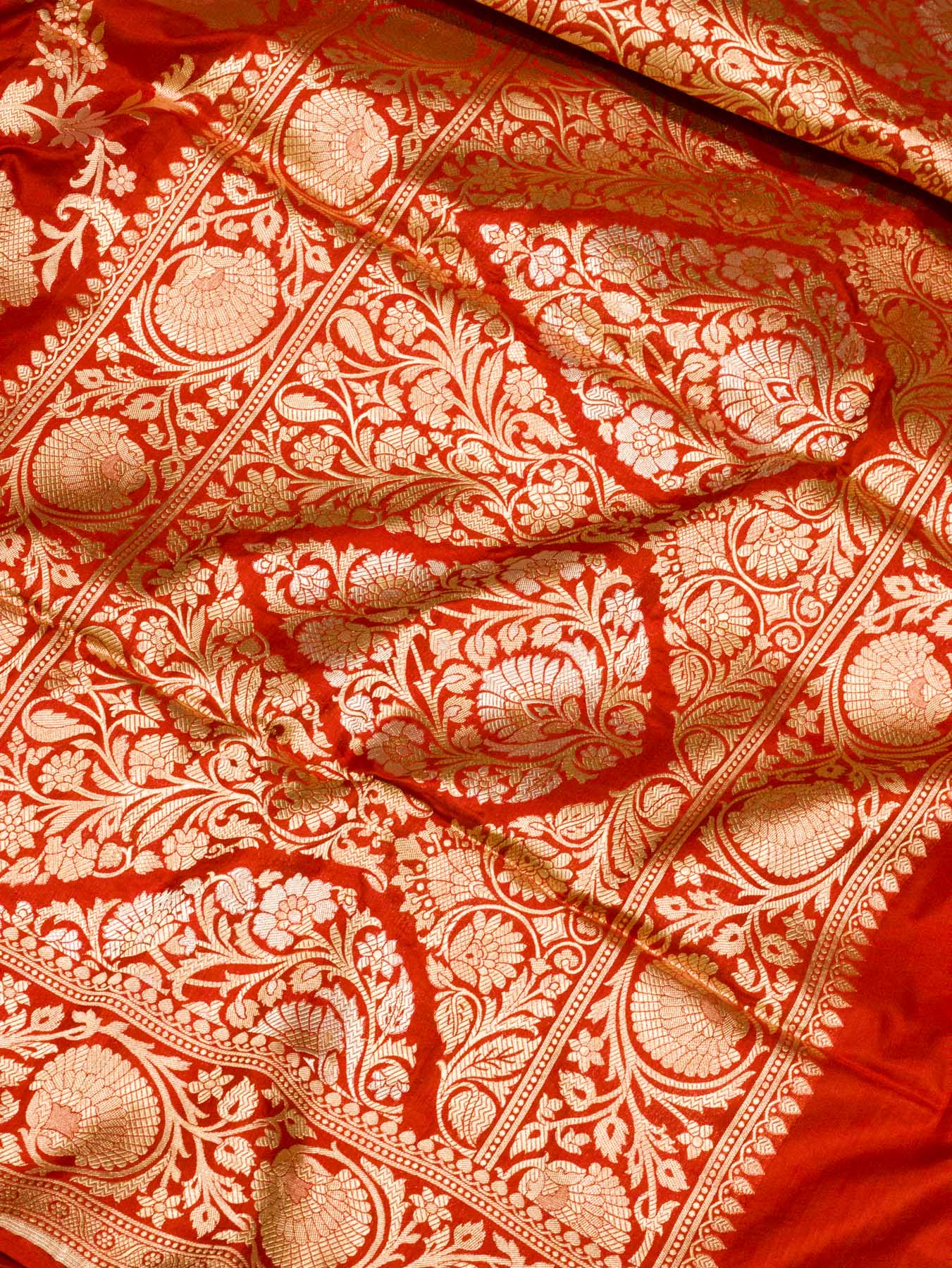Red Pure Katan Silk Saree Khaddi  With Gold & Silver Zari Jaal