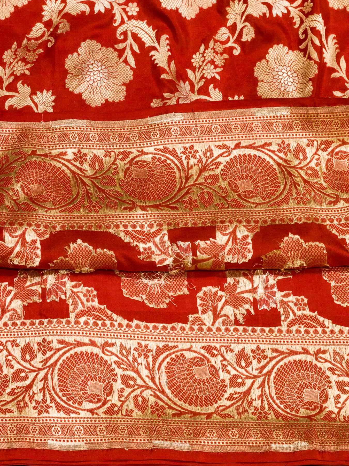 Red Pure Katan Silk Saree Khaddi  With Gold & Silver Zari Jaal
