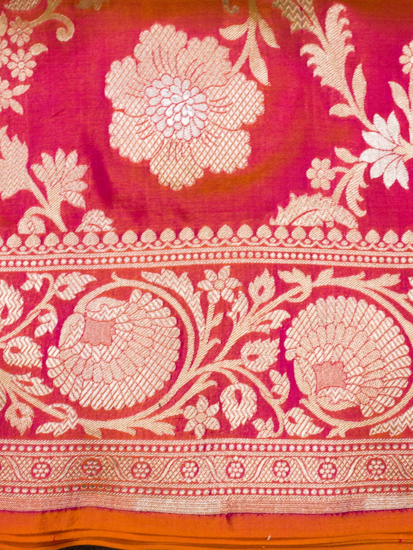 Dhoop Chaon Rani Orange Pure Katan Silk Saree Khaddi  WIth Gold & Silver Zari Jaal