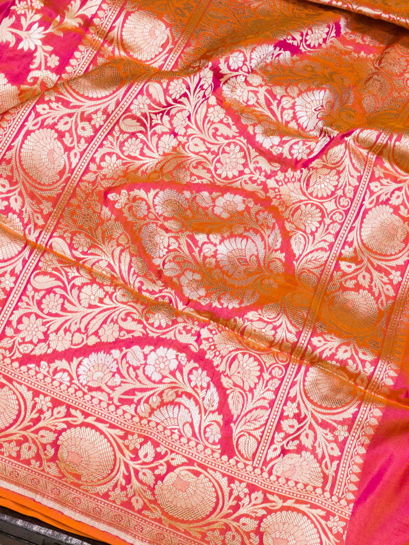 Dhoop Chaon Rani Orange Pure Katan Silk Saree Khaddi  WIth Gold & Silver Zari Jaal