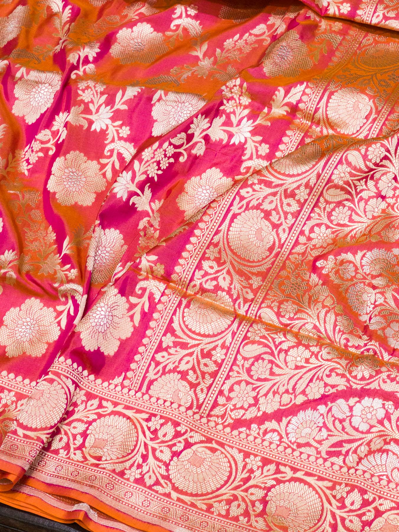 Dhoop Chaon Rani Orange Pure Katan Silk Saree Khaddi  WIth Gold & Silver Zari Jaal