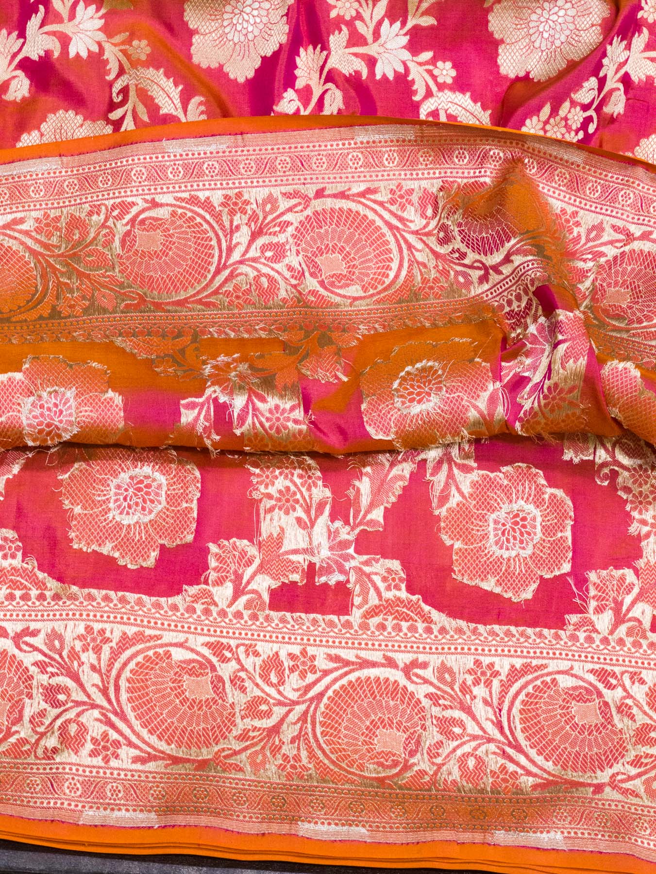 Dhoop Chaon Rani Orange Pure Katan Silk Saree Khaddi  WIth Gold & Silver Zari Jaal