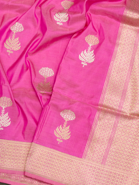 Gajari Pink Pure Katan Silk Handloom Saree Kadhwa Gold & Silver Zari Floral Buti