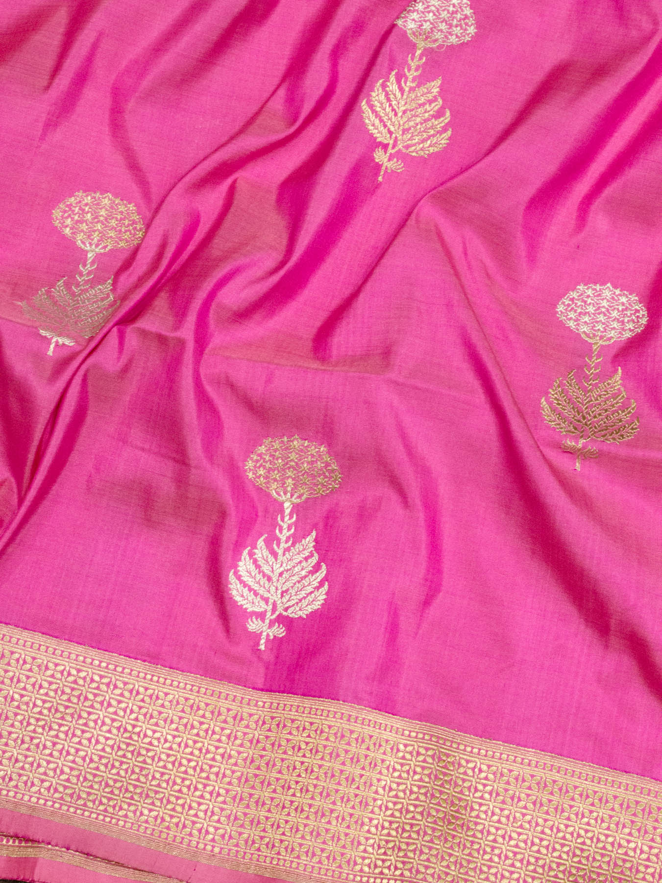 Gajari Pink Pure Katan Silk Handloom Saree Kadhwa Gold & Silver Zari Floral Buti