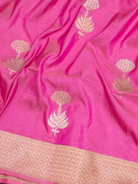 Gajari Pink Pure Katan Silk Handloom Saree Kadhwa Gold & Silver Zari Floral Buti