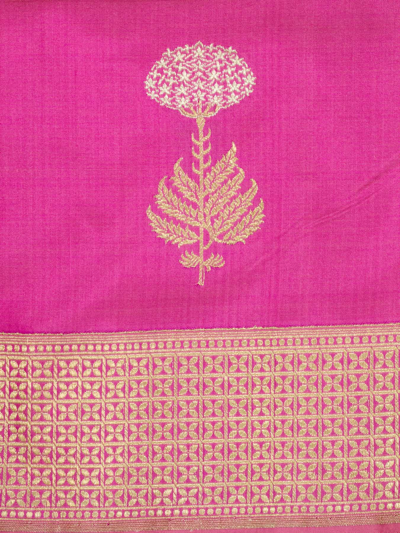 Gajari Pink Pure Katan Silk Handloom Saree Kadhwa Gold & Silver Zari Floral Buti