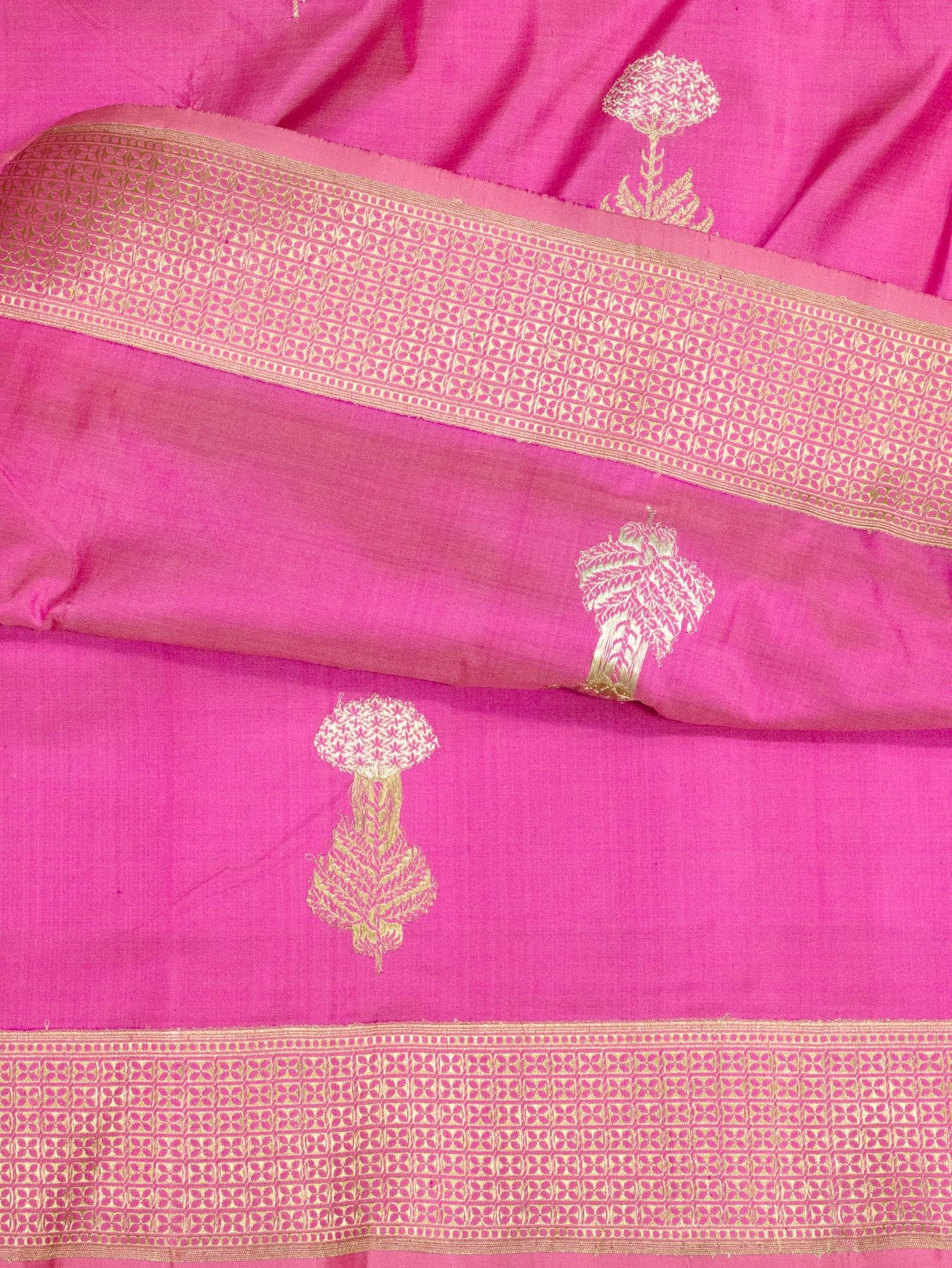 Gajari Pink Pure Katan Silk Handloom Saree Kadhwa Gold & Silver Zari Floral Buti