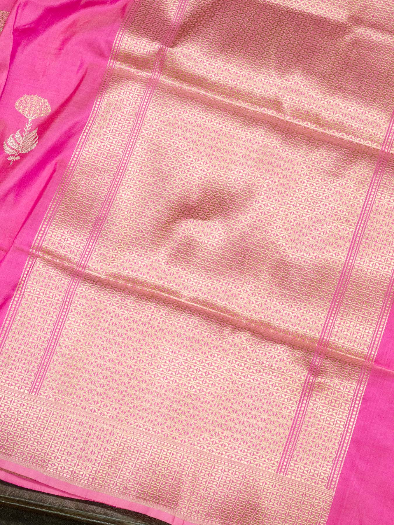 Gajari Pink Pure Katan Silk Handloom Saree Kadhwa Gold & Silver Zari Floral Buti