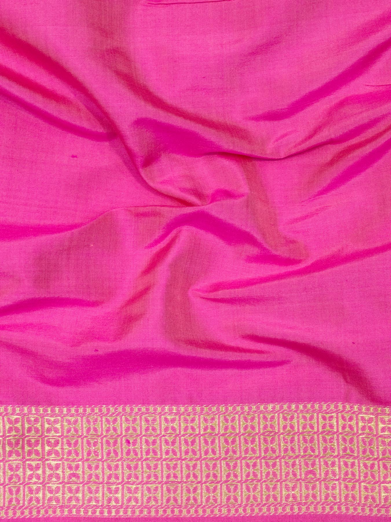 Gajari Pink Pure Katan Silk Handloom Saree Kadhwa Gold & Silver Zari Floral Buti